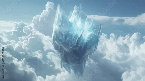 Digital illustration depicting a large, crystalline structure floating amidst fluffy white clouds under a bright sky. The crystal is predominantly shades of light blue and white, with intricate,