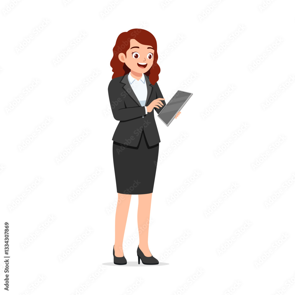 Woman use tablet, in formal attire, black suit and heels, digital device, modern technology vector Woman use tablet, in formal attire, black suit and heels, digital device, modern technology vector