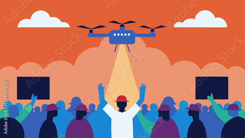 Event Coverage An operator controlling a drone above a large outdoor festival capturing the crowd and activities below illustrating the use of drones for event photography.