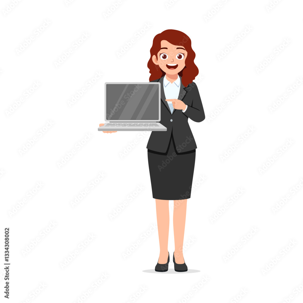 Woman in Suit Smiling and Pointing at Laptop Screen She is Holding at Eye Level Woman in Suit Smiling and Pointing at Laptop Screen She is Holding at Eye Level