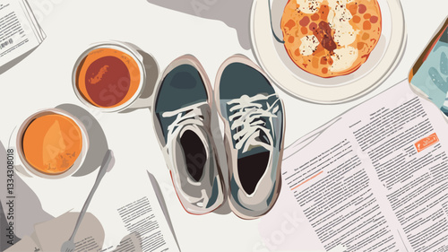 A digital illustration depicts a flatlay composition from a bird's-eye perspective.  The central focus is a pair of dark-grey sneakers. Surrounding the shoes are two cups of tea or coffee, a bowl