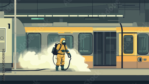 A digital illustration depicting a person in a yellow hazmat suit spraying disinfectant on a yellow train at a subway station platform. The style is vector art with a flat color palette. The image
