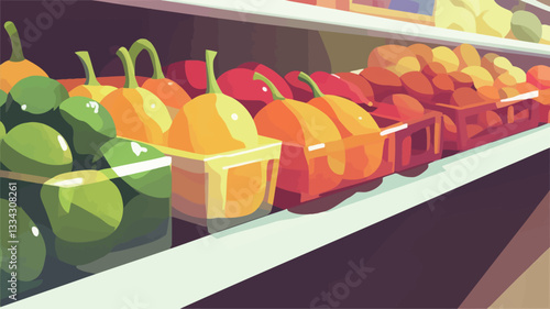 A stylized illustration depicting a grocery store shelf filled with various colorful fruits and vegetables.  The style is flat, with bold, saturated colors and simplified shapes. The image shows