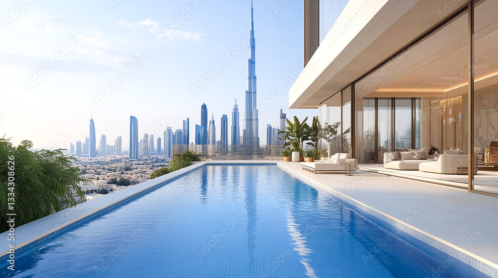 Fototapeta premium Impressive spacious penthouse terrace with pool and views of Dubai. Skyscrapers of the United Arab Emirates