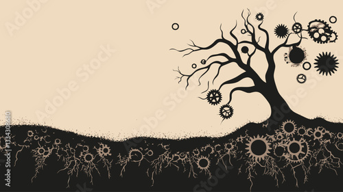 The image is a stylized digital illustration featuring a stark black silhouette of a leafless tree against a light beige background. The tree is depicted with unusual circular shapes seemingly