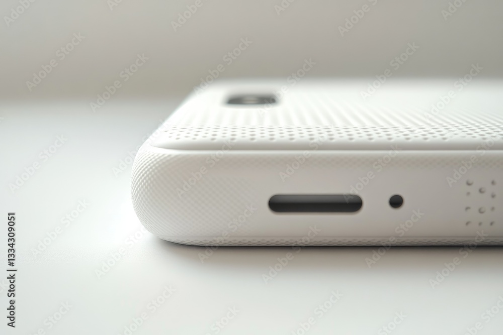 Close-up of a white smartphone's side, showcasing its textured design and ports. Close-up of a white smartphone's side, showcasing its textured design and ports.