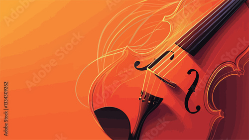 Close-up image of a violin rendered in a stylized, abstract manner. The violin is depicted in shades of orange and warm hues against a solid orange background.  The image uses smooth lines and