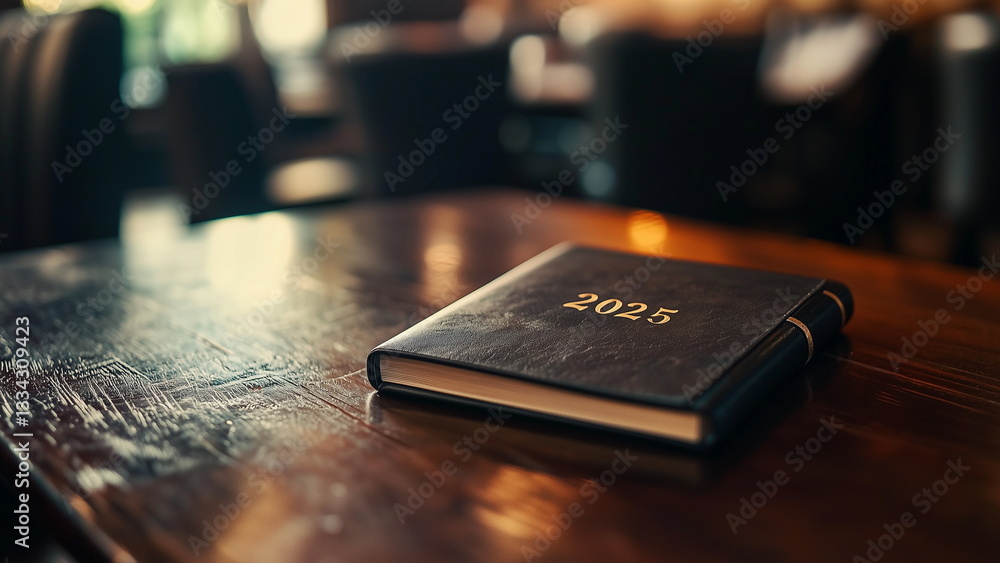 A leather-bound journal sits on a table, its cover embossed with the year A leather-bound journal sits on a table, its cover embossed with the year