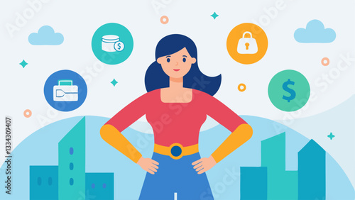 Empowered Mindset A woman standing strong with her hands on her hips surrounded by symbols of financial freedom like cash credit cards and investment icons with a backdrop of a