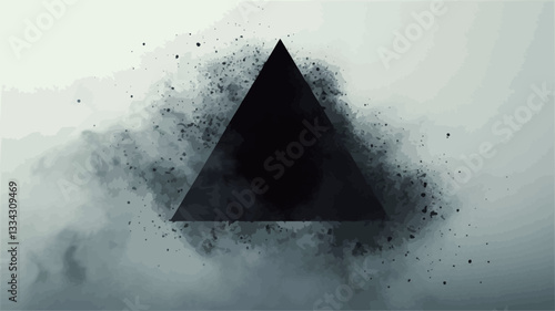 The image features a stark black triangle centered within a cloud of dark gray smoke or dust particles. The background is a light, almost white, gray. The triangle is solid black, sharply defined