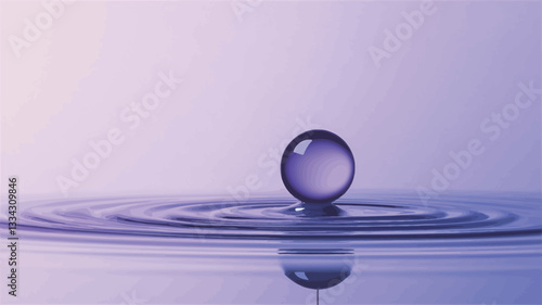 A close-up macro photograph depicting a single, perfectly spherical water droplet suspended above a calm water surface. The droplet is a gradient of purple and lavender hues.  Concentric ripples