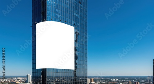 Street banner mockup PSD. Empty billboard on modern skyscraper against clear blue sky