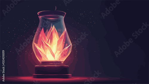 A digital illustration depicting a glass vessel, possibly a lamp or decorative object, with a stylized flame inside. The vessel has a bulbous shape with a narrow neck and sits on a dark base. The