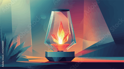 Digital illustration depicting a stylized glass vessel resembling a lamp. The vessel is faceted and transparent, containing a stylized flame-like light source emitting a warm orange glow. The base