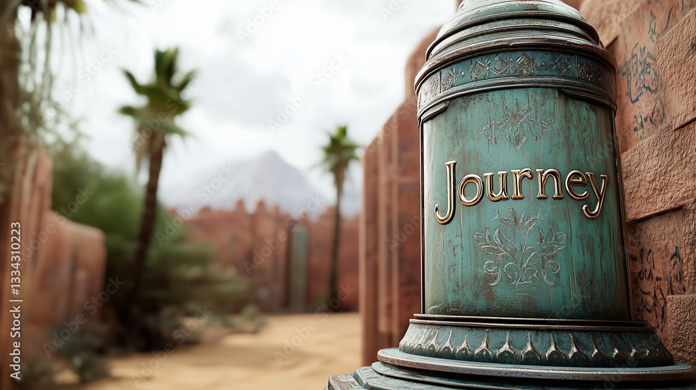 Journey Sign on Rusty Can in Desert Pathway Scene Journey Sign on Rusty Can in Desert Pathway Scene