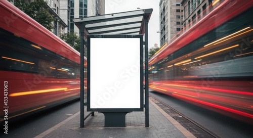 Street banner mockup PSD. Empty bus shelter with blurred red buses in urban setting