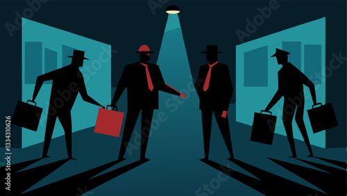 Silhouetted Figures with Briefcases Silhouetted figures exchange briefcases in a dark alley depicting potential illicit transactions that investigators are monitoring.