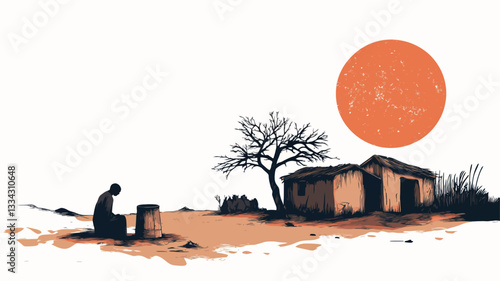 The image is a minimalist illustration or graphic artwork depicting a solitary figure seated in front of what appears to be a small, simple dwelling. The style is predominantly monochrome with