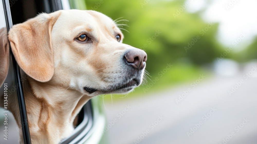 Pet car safety Concept, Dog with Head Out of Window Enjoys Fresh Air and Scenic View on a Relaxing Drive in Nature Pet car safety Concept, Dog with Head Out of Window Enjoys Fresh Air and Scenic View on a Relaxing Drive in Nature