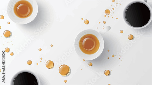 High-angle, close-up shot depicting two small white bowls filled with honey and two cups of black coffee on a white surface.  Honey and coffee have spilled, creating small drips and splatters