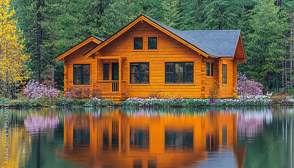 Fototapeta premium A log cabin home reflects beautifully in the tranquil water