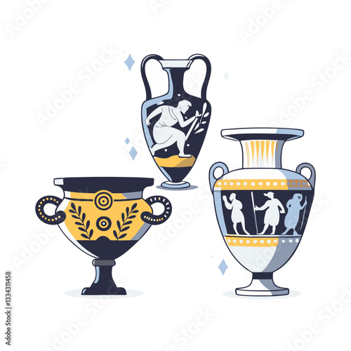 Ancient Greek pottery vector featuring decorative amphorae with mythological designs. Minimalist and modern illustration symbolizing history, art, and classical heritage.