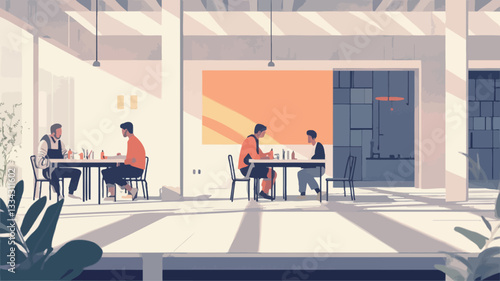 A stylized illustration depicting a modern, bright office break room.  The image features two tables with small groups of people seated, engaged in conversation or work. The room is minimalist in