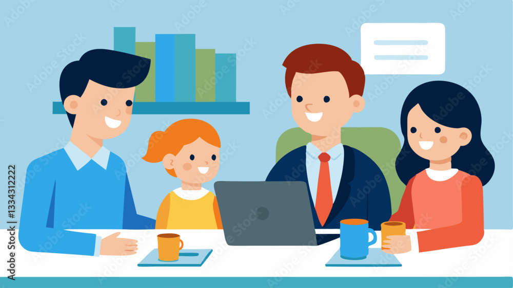 Family Meeting with Financial Advisor A family sitting across from a friendly financial advisor in an office discussing a financial plan with documents charts and laptops on the Family Meeting with Financial Advisor A family sitting across from a friendly financial advisor in an office discussing a financial plan with documents charts and laptops on the