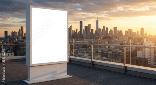 Street banner mockup PSD. Blank advertising billboard with city skyline at sunset