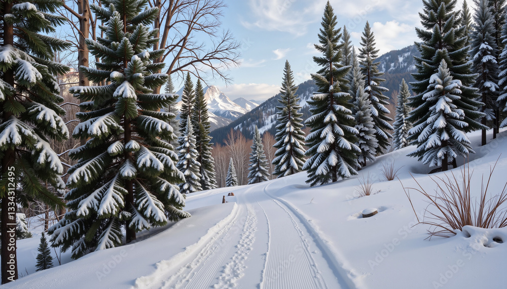 Serene snow-covered path winding through forest, inviting nature escape Serene snow-covered path winding through forest, inviting nature escape