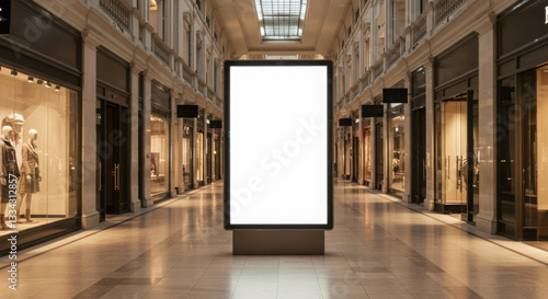 Street banner mockup PSD. Blank advertising display in empty shopping mall