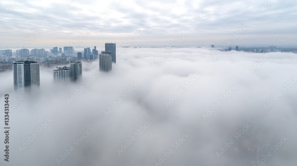 Fototapeta premium Weather report forecast Concept, Aerial View of City Skyline Surrounded by Thick Fog Captured from Drone Perspective