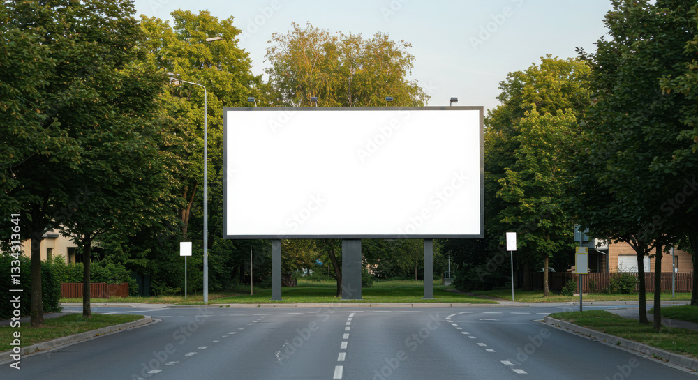 Street banner mockup PSD. Empty billboard on quiet street surrounded by trees Street banner mockup PSD. Empty billboard on quiet street surrounded by trees