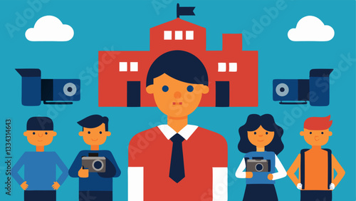 School Campus Security A school campus illustration where multiple cameras are visible focusing in on a group of students with one isolated individual showing signs of unease.