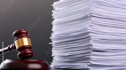 Court Hearing Judge Concept, Gavel Next to High Stack of Legal Papers on Dark Background in Courtroom Setting