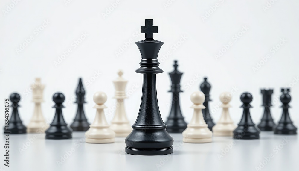 On a white backdrop, a black chess king stands in front of white pawns. Concept of strategy and competition. Artificial Intelligence On a white backdrop, a black chess king stands in front of white pawns. Concept of strategy and competition. Artificial Intelligence