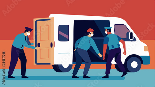 Quick Escape A vector scene depicting officers helping a witness quickly enter an unmarked van with the door being shut quickly behind them.
