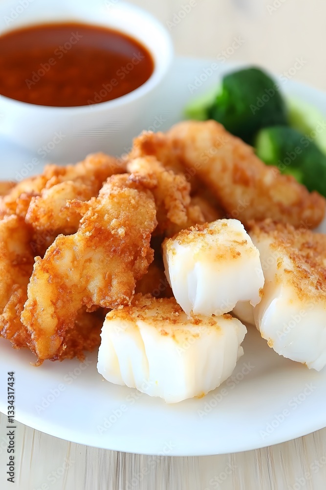 Crispy Fried Fish Bites with Spicy Sauce and Broccoli Crispy Fried Fish Bites with Spicy Sauce and Broccoli