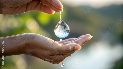 A crystal-clear water droplet hangs suspended above a hand, reflecting a miniature world within.
