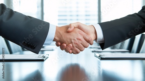 two business partners shaking hands in a formal meeting room, elegant interior design, leadership and growth concept, copy space, no trademark, no watermark, corporate professionalism