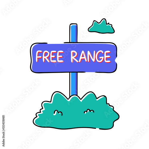 Free range sign with a colorful design featuring blue background and green bushes, copy space