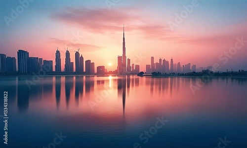 Wallpaper Mural Cityscape sunrise reflection, urban lake, modern buildings, peaceful dawn, travel postcard Torontodigital.ca