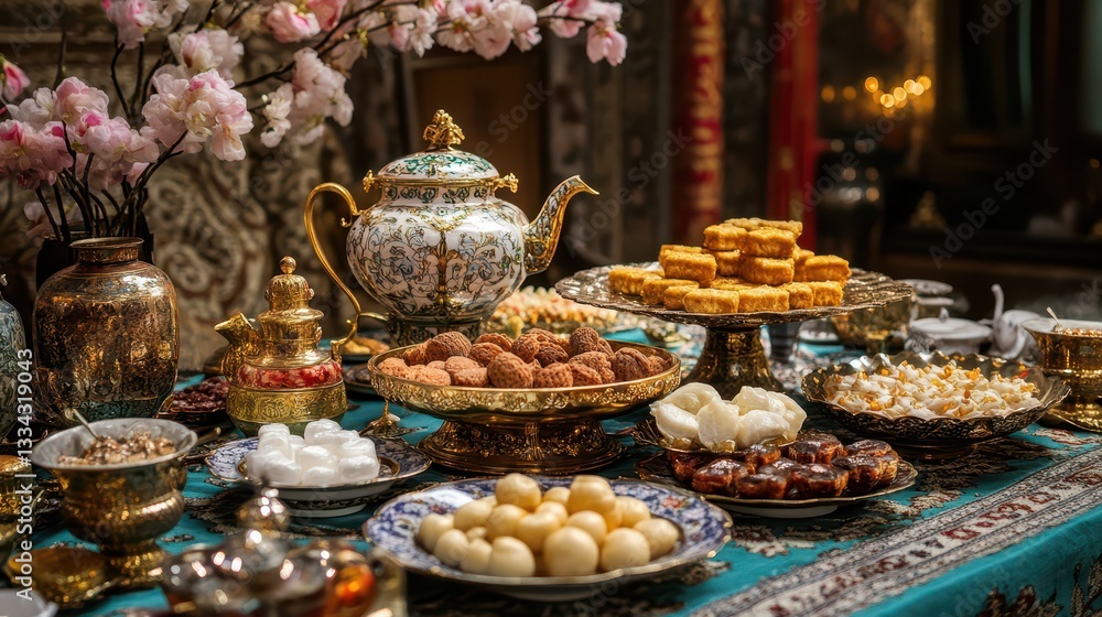 Festive Nowruz Table with Elegant Haft-Seen Display, Persian Sweets, Teapot, and Golden Cutlery Festive Nowruz Table with Elegant Haft-Seen Display, Persian Sweets, Teapot, and Golden Cutlery