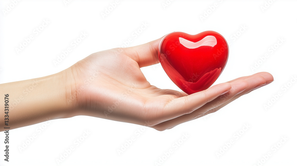 Fototapeta premium A human hand holding a shiny red heart against a white background. Symbol of love, care, kindness, and health. Perfect for healthcare, donation, and charity concepts.