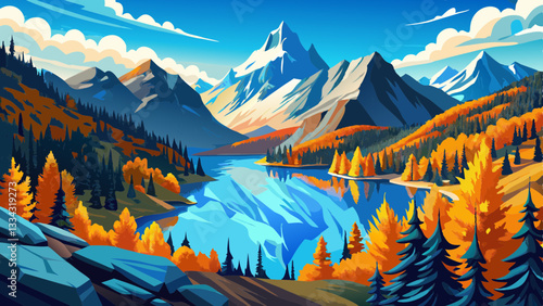 Picturesque view on Blue Lake. Autumn mountains landscape with Blue Lake and bright orange larches in the North Cascades National Park in Washington