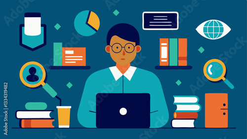 Research and Development The investigator conducting research surrounded by books digital forensics journals and open laptop screens displaying academic articles and case studies.