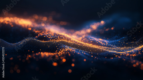 Abstract glowing wave of orange and blue particles on a dark background. A futuristic, digital energy flow with a dynamic and modern aesthetic. Perfect for technology, innovation, and cyber visuals.