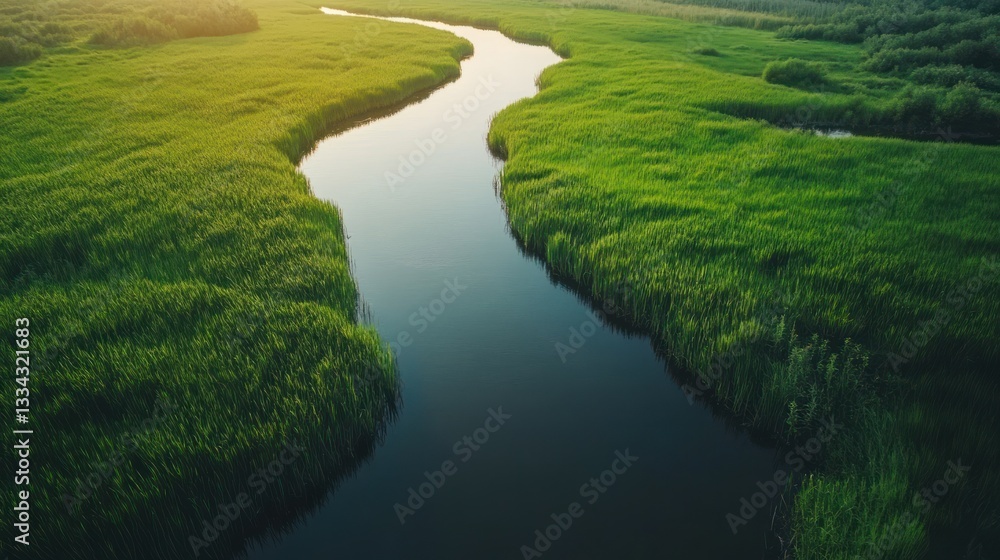 Aerial view of a serene river winding through lush green vegetation. Aerial view of a serene river winding through lush green vegetation.