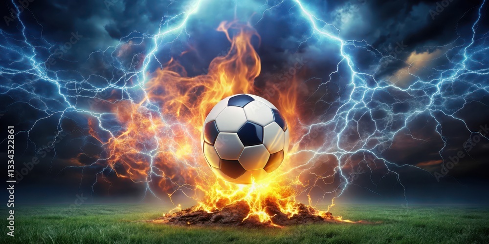 Fototapeta premium Soccer ball surrounded by intense flames with lightning bolts illuminating the dark night sky, creating a dynamic and electrifying atmosphere, flames, sports equipment