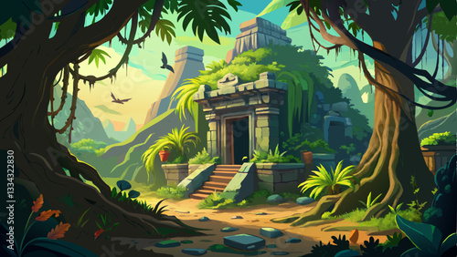 remote jungle temple overtaken by nature, with massive tree roots weaving through stone ruins and the distant call of exotic birds.